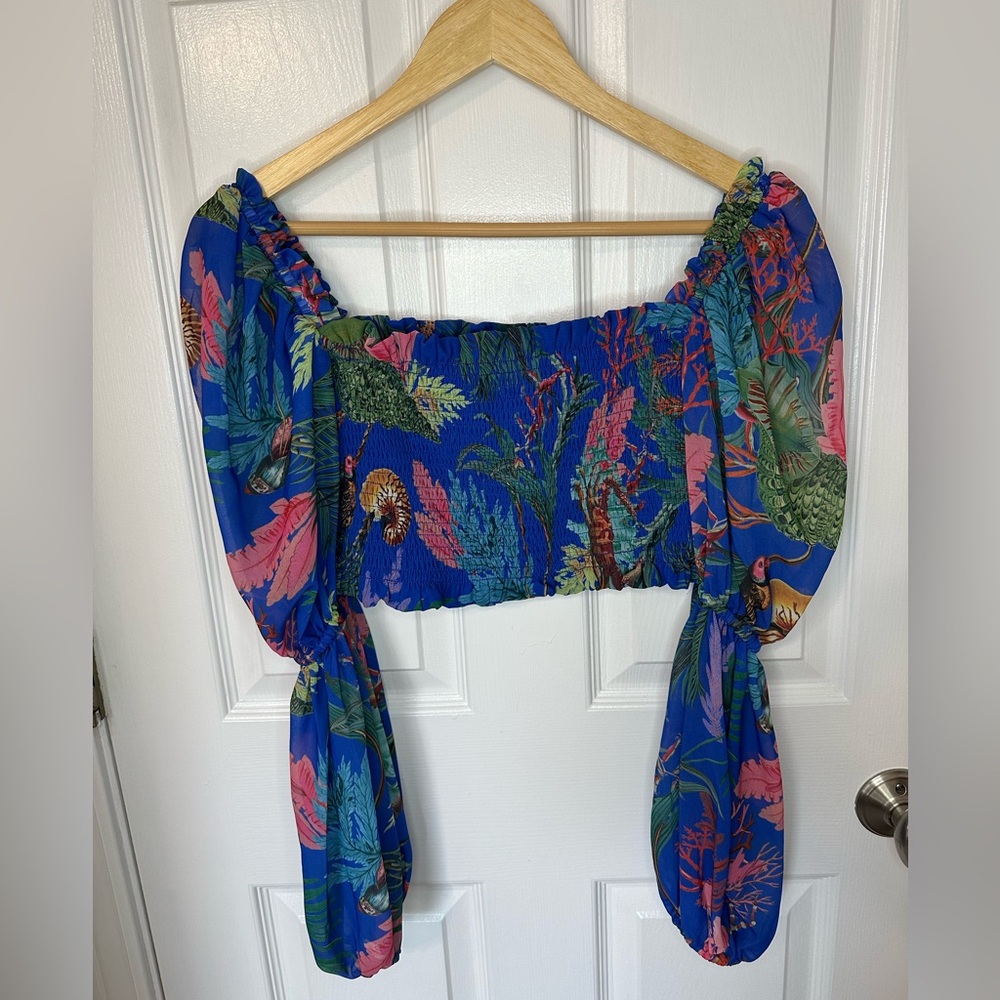 AKIRA Tropical Blue Off-Shoulder Womens Crop Top Large Balloon Sleeve Floral